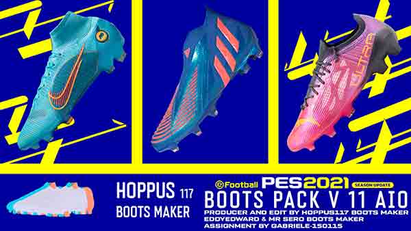 PES 2021 Boots Pack v11 - maker "Hoppus 117" has presented the eleventh complete set with actual boots of the 2022 season for football eFootball Pro Evolution Soccer 2021.