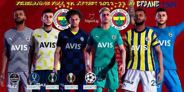 PES 2021 Fenerbahce 4K Full Kit 2022/23 - maker "Efsane1907" has unveiled the official kit of Turkish club Fenerbahce 2023 season for eFootball Pro Evolution Soccer 2021.