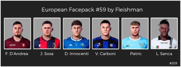 PES 2021 European Facepack v59 - maker "Fleishman" has presented the fifty-ninth pack with the faces of football players from European clubs for eFootball Pro Evolution Soccer 2021.