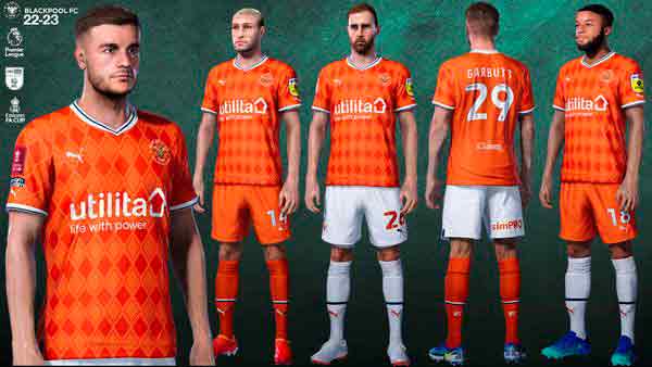 PES 2021 Blackpool FC Official Kit Update 2022/23 - An updated kit for the English club Blackpool for the 2022/23 season for eFootball Pro Evolution Soccer 2021 has been presented. Peculiarities: 63 items Added updated textures EFL, EPL, FACup (separate folders for each competition) Combinations added New Skybet icon for EFL Updated Sponsors Added new EFL fonts