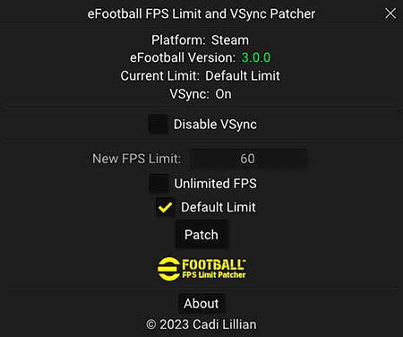 eFootball 2024 FPS Limit and VSync Patcher v2