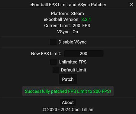 eFootball 2024 FPS Limit & VSync Patcher v2.13